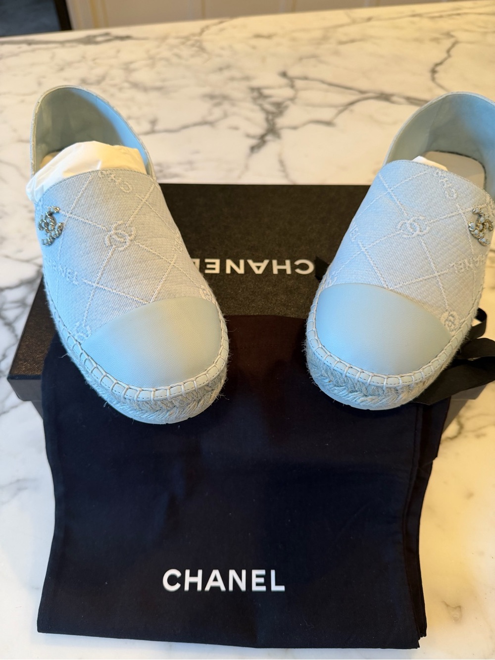 CHANEL SS26 New Sky Blue Quilted Canvas and Lambskin Espadrilles Size 40, Paris